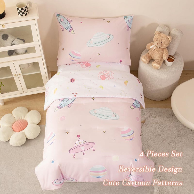 PERFEMET 4 Piece Toddler Girl Bedding Set Space Theme Pink Toddler Bed Set with Sheets Soft Reversible Astronaut Planets Crib Bed Comforter for Kids Girls - Image 3